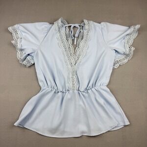 Light Blue Lace Trim Babydoll Top Boho Cottagecore Flutter Sleeve Peplum